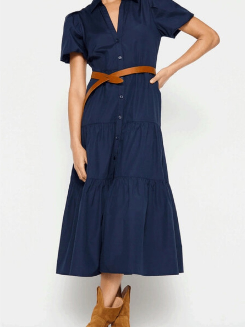 Brochu Walker The Havana Dress Navy Tiered Midi Puff Sleeve Shirt Dress S